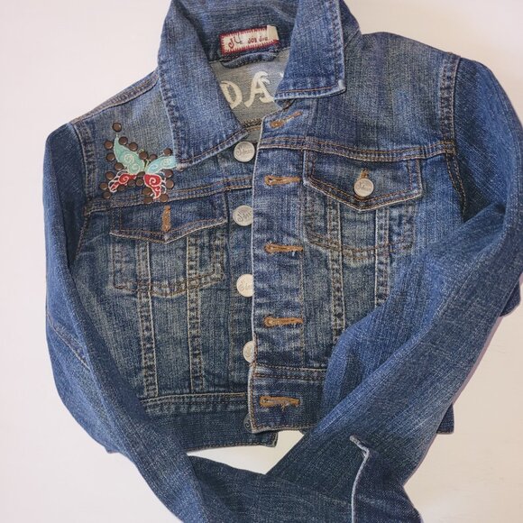 PEACE studded and embroidered cropped jean jacket by J2 Jean - Picture 2 of 9